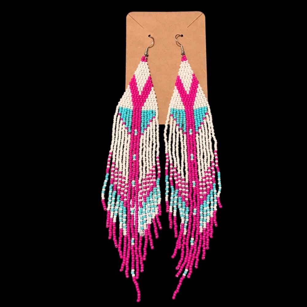 Beaded Earrings Pink Turquoise and White Boho Tribal Fringe